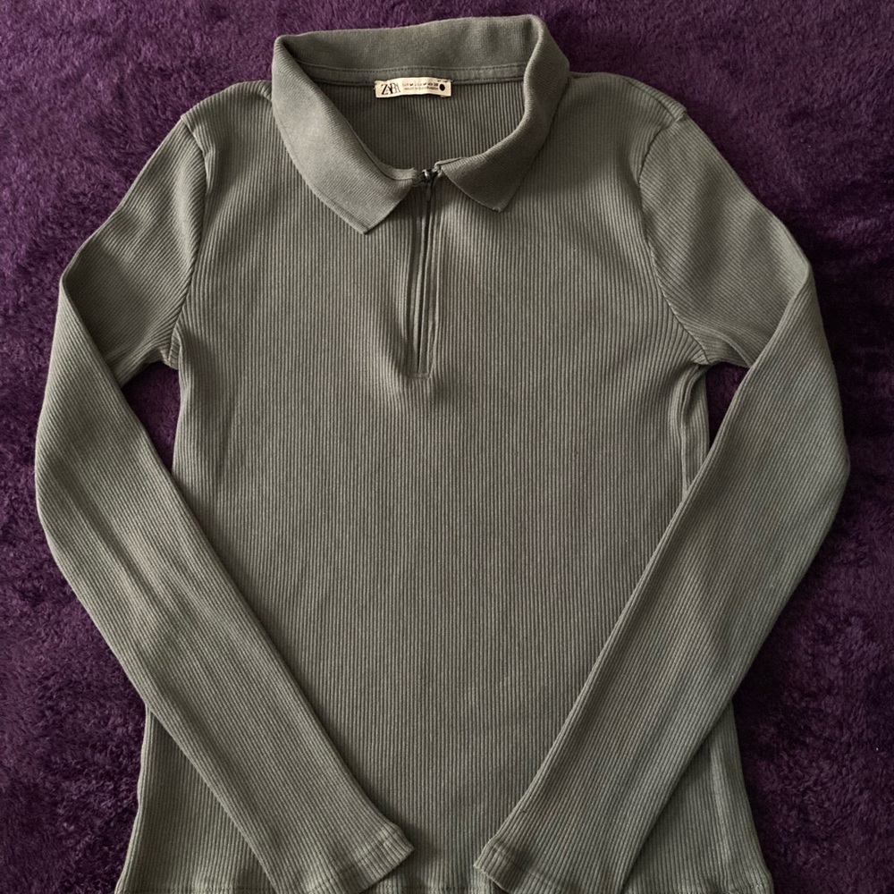 Zara Gray Fitted Long Sleeve Polo Zipper Down